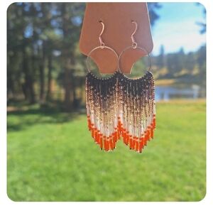 Beaded Fringe Earrings in Black, White, and Orange